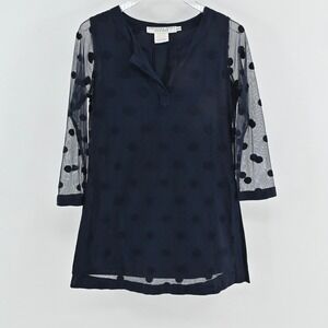 Gretchen Scott Womens Tunic Top Size S Navy Blue Polka Dot Mesh Overlay Delicate